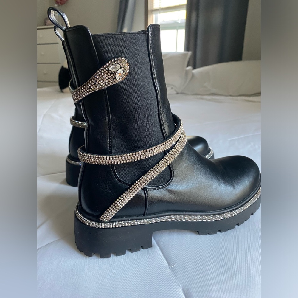 AZALEA WANG  VIENNA DIAMOND SNAKE FLATFORM BOOTIE IN BLACK